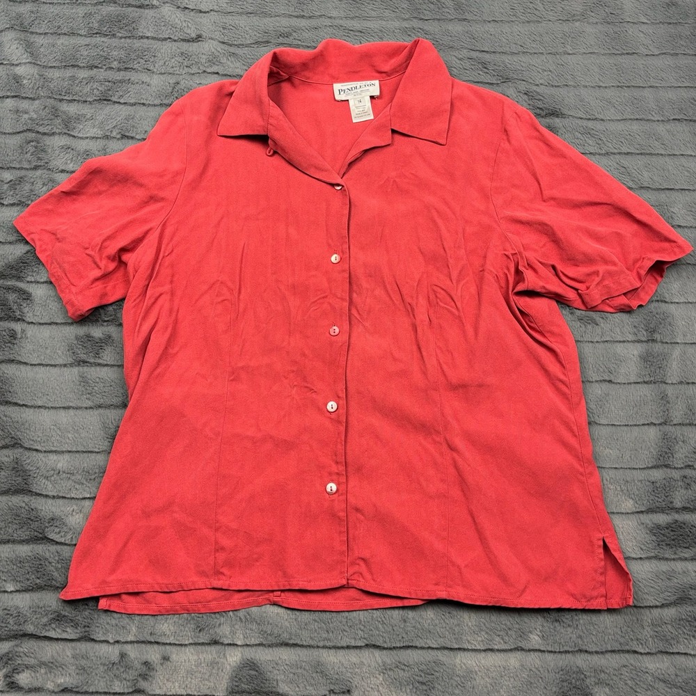 Pendleton Red 100% Silk Herringbone Short Sleeve Button Up Shirt Petite 14